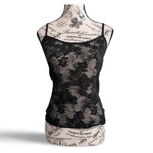 Chantilace Black Lace Camisole – Stretch Sheer Floral Top Small Medium